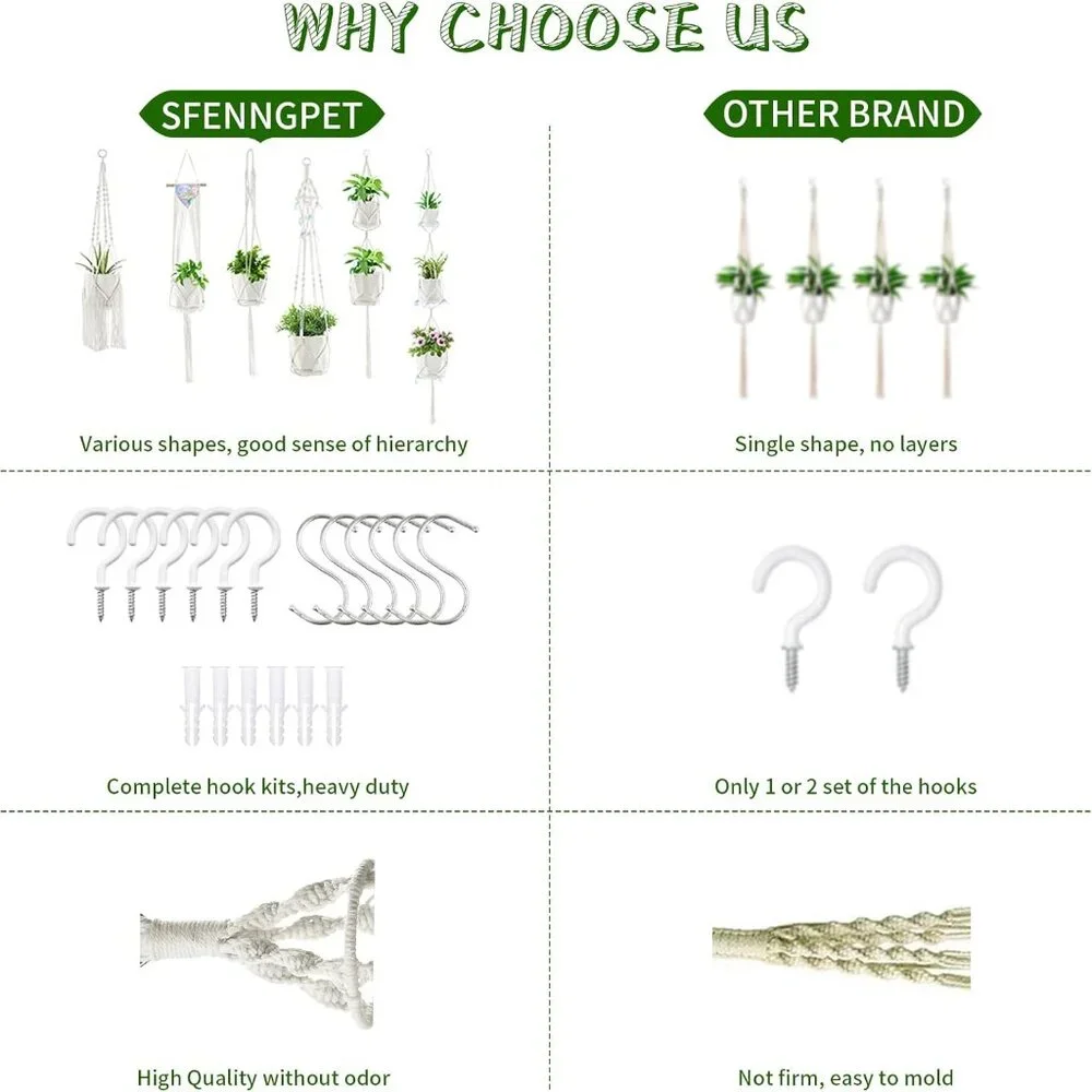 Macrame Plant Hangers, 6Pack Hanging Planters for Indoor Plants w/ 6 Set Hangers
